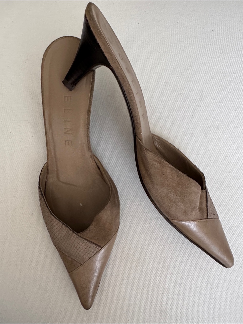 Vintage Celine Multi Texture Mixed Media Pointed Toe Mules Beige 36.5